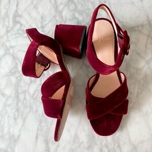 NEW J Crew Penny Burgundy Velvet Sandals with Block Heels, Size 6.5